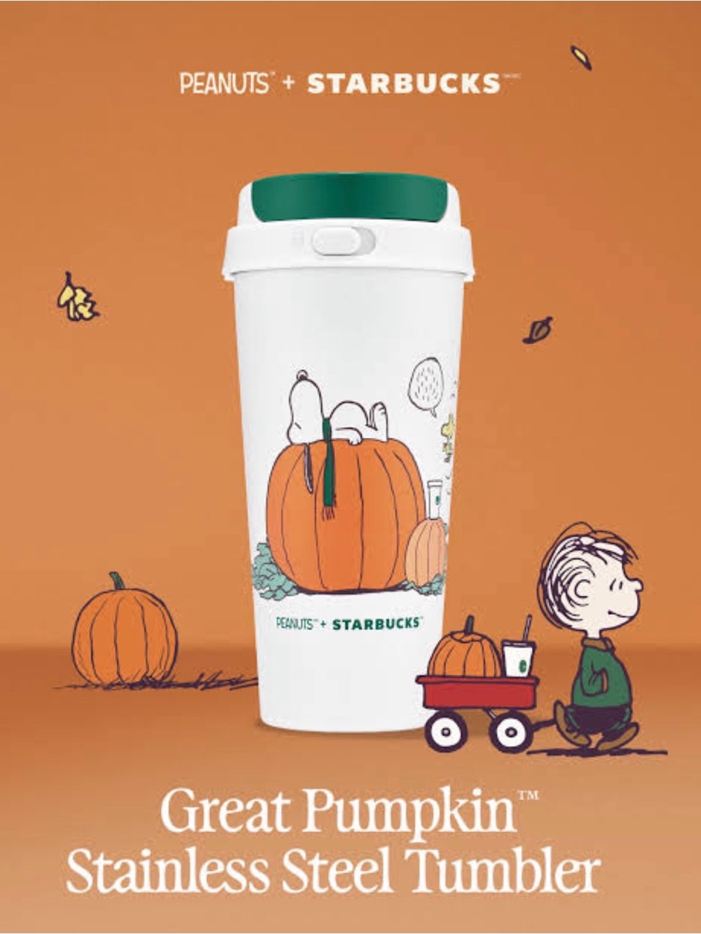 NEW Peanuts x Starbucks White & Green Great Pumpkin Stainless Steel Tumbler